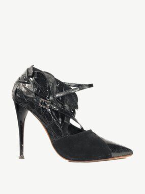 Chloe AW08 Runway Black Snake-Embossed, Suede & Leaf-Applique Heels